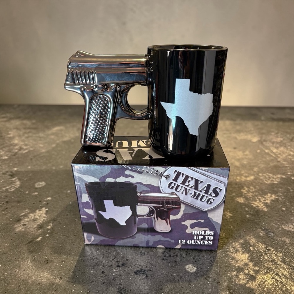 TEXAS GUN MUG BLACK PISTOL HANDLE 12 OZ COFFEE CUP WITH TEXAS GRAPHIC